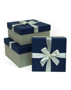 Коробка подарочная с бантом тиснение Рогожка 210x170x110 мм синий серый Рутаупак