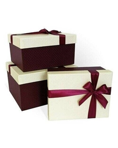 Коробка подарочная с бантом тисненая бумага Ромб-крупный, 210x170x110 мм, слоновая кость-бордо Рутаупак