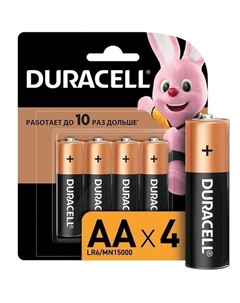 Батарейки Duracell AA (LR6), щелочные, КОМПЛЕКТ 4 шт., в блистере