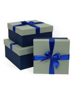 Коробка подарочная с бантом тиснение Рогожка 230x190x130 мм серый синий Рутаупак