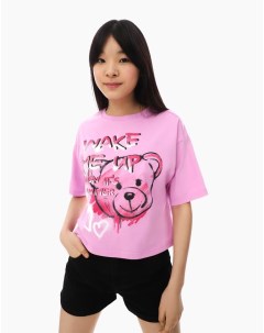 Розовая укороченная футболка oversize с граффити принтом для девочки Gloria jeans