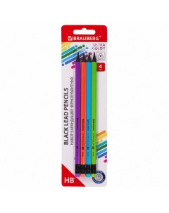 Набор карандашей чернографитные Ultra color 4шт HB с ластиком пластиковые Brauberg