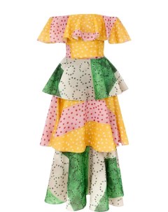 Шелковое многоярусное платье миди с открытыми плечами Tata naka