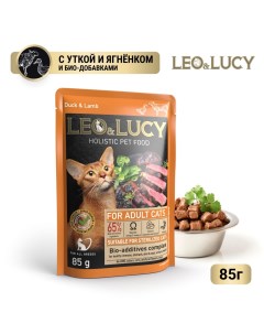 Корм для кошек для стерилиз кусочки в соусе с уткой ягненком и биодобавками пауч 85г Leo&lucy