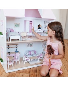 Кукольный дом Сказка Сканди 2 этажный с мебелью бело розовый Carolon