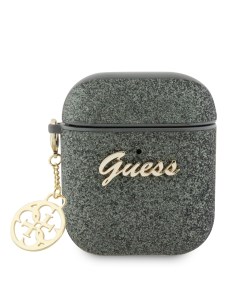 Чехол для Airpods 1 2 с блестками зеленый Guess