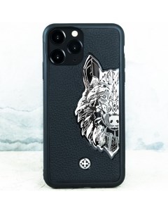 Чехол iPhone 14 Pro HM Metal Wolf Black Leather HM Premium Euphoria