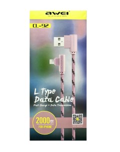 Кабель зарядка для iphone тканевая USB Lightning 2м розовый Y838117 018 Awei