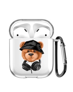 Чехол с карабином для Apple AirPods Мишка Тони в панамке прозрачный Musthavecase