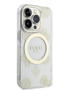 Чехол для iPhone 14 Pro MagSafe с принтом прозрачный золотой Guess