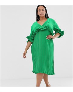 Зеленое платье миди с оборками и плиссировкой Prettylittlething plus