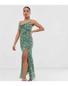 Эксклюзивное светло зеленое платье макси со свободным воротом разрезом и цветочным принтом Boohoo petite