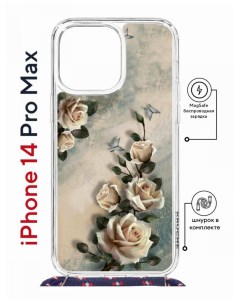 Чехол на iPhone 14 Pro Max MagSafe Kruche Print Белые розы с магнитом со шнурком