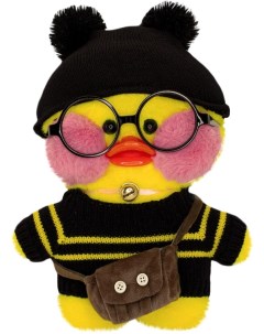 Мягкая игрушка Lalafanfan Duck в черной шапочке с помпонами желтая 30 см Mihi mihi