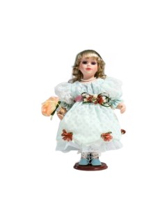 Кукла коллекционная керамика Люси в голубом платье шляпке и с цветами 30 см Кнр