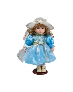 Кукла коллекционная керамика Наташа в нежно голубом платье в шляпке 30 см Кнр