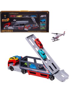Игровой набор Abtoys Автовоз трейлер с 8 машинками со скоростным съездом с верхнего яруса Junfa toys