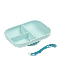 Набор детской посуды тарелка ложка Set repas silicone avec ventouse bleu Beaba
