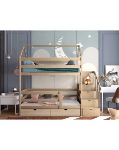 Кровать Двухъярусная с лестницей комодом 160х80 с ящиками натур цвет Moonlees