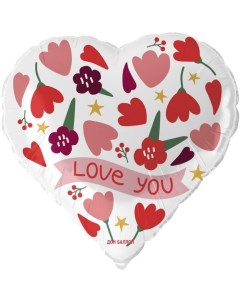 Шар фольгированный 18 Сердце Love you цветочки 1 шт в инд уп Falali