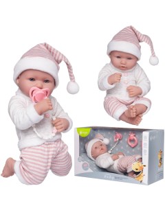 Пупс Junfa Pure Baby в вязаных бело розовых полосатых штанишках и шапочке колпаке Junfa toys