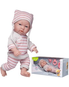 Пупс Junfa Pure Baby в вязаных бело розовых полосатых кофточке штанишках и шапочке Junfa toys