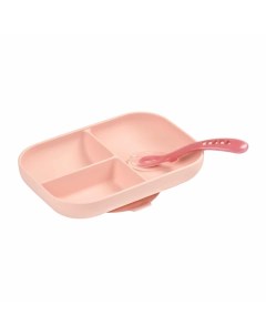 Набор детской посуды тарелка ложка Set repas silicone avec ventouse rose Beaba