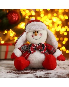 Мягкая игрушка Снеговик красные цветочки 11х19 см бело красный Зимнее волшебство