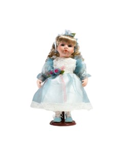 Кукла коллекционная керамика Флора в бело голубом платье и лентой на голове 30 см Кнр