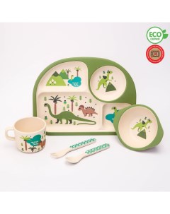 Набор бамбуковой посуды Динозавры тарелка миска стакан приборы 5 предметов Крошка я
