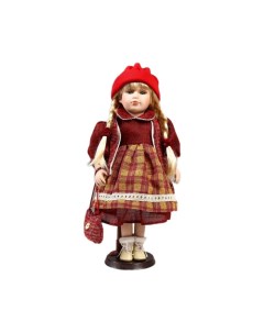 Кукла коллекционная керамика Марина в бордовом платье в клетку 40 см Кнр