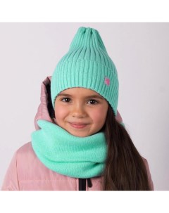 Комплект шапка снуд для девочки цвет мята единорог размер 48 52 Hohloon