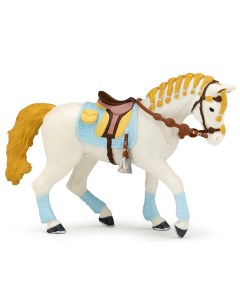 Фигурка Белая лошадь с заплетенной гривой для езды верхом голубая накидка Papo