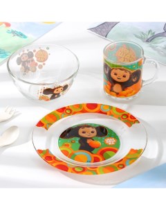 Набор посуды Чебурашка 3 предмета тарелка миска кружка в подарочной упаковке стекло Nd play