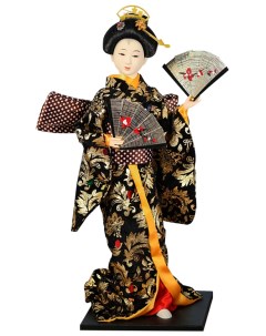 Кукла коллекционная Гейша в черно золотом кимоно с веерами Sima-land