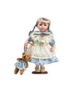 Кукла коллекционная керамика Света в бежево голубом платье с цветами с мишкой 30 см Кнр