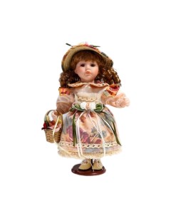 Кукла коллекционная керамика Клара в платье с розами шляпке и с корзинкой 30 см Кнр