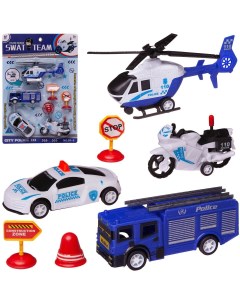 Игровой набор Junfa Полиция 2 машинки вертолет мотоцикл инерционные пластмассовые дор Junfa toys