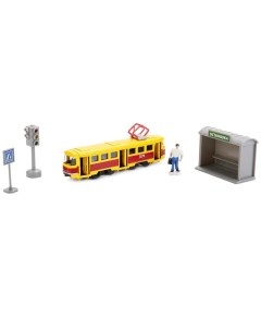 Игровой набор Трамвай с остановкой и аксессуарами 16 5 см Технопарк