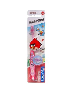 Зубная щетка Angry Birds детская с защитным колпачком присоской 5 розовая Лонга вита