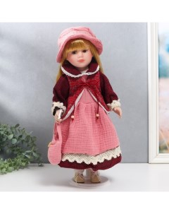 Кукла коллекционная керамика Нина в розовом платье и бордовом жакете 40 см Nobrand