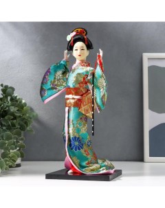 Кукла Гейша в бирюзовом кимоно с цветами 32х13х13 см Nobrand