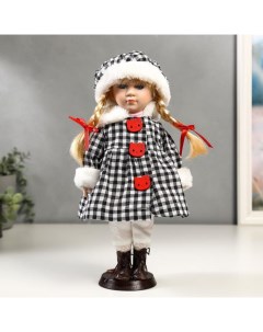 Кукла керамика Злата в пальто клеточку с красными пуговицами 30 см Nobrand