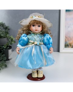 Кукла коллекционная керамика Наташа в нежно голубом платье в шляпке 30 см Nobrand
