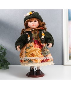 Кукла коллекционная керамика Алёна в платье с цветами в зелёной шапке и джемпере 30 см Nobrand