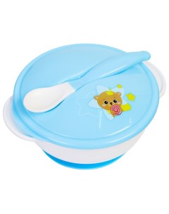 Набор детской посуды Счастливый малыш тарелка на присоске крышка ложка цвет голубой Mum&baby