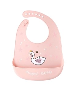 Нагрудник силиконовый на кнопках с карманом Лебедь цвет розовый Mum&baby