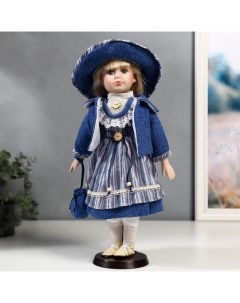 Кукла керамика Стася в синем полосатом платье и синей куртке 40 см Nobrand