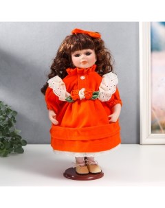 Кукла коллекционная керамика Агата в ярко оранжевом платье и банте с рюшами 30 см Nobrand