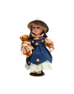 Кукла коллекционная керамика Сьюзи в джинсовом платье шляпке и с мишкой 30 см Кнр